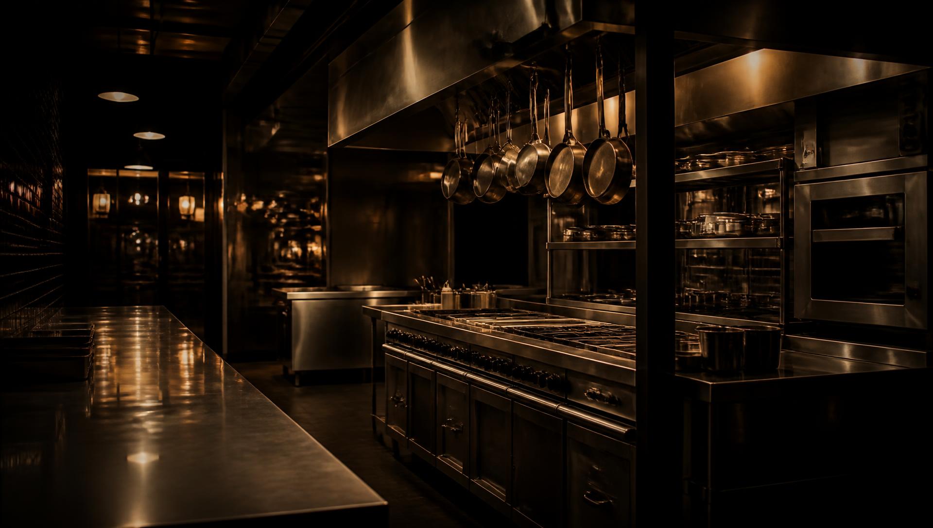 Dimly lit professional restaurant kitchen at night, shown for atmosphere
